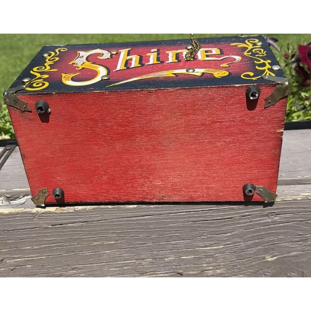 Vintage Wood Brass Shoeshine Box 5 Cent Shine w/ Brush Barber Shop Americana